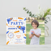 Invitation Photo d'un canon à fléchettes bleu et orange (Debout devant)