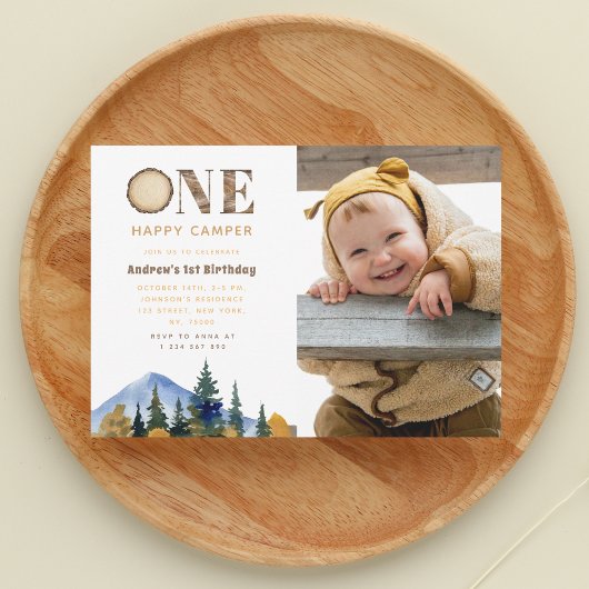 Invitation Photo d'un joyeux Camper Boy 1st Birthday Forest