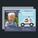 Invitation Photo d'un policier en voiture de son anniversaire<br><div class="desc">Cette invitation présente un mignon garçon policier dans une petite voiture de police. Personnalisez facilement les détails de votre fête, y compris les informations sur la fenêtre de la voiture et le placement photo. Parfait pour les garçons d'anniversaire qui aiment les voitures de police ! Pour ajuster votre photo, passez...</div>