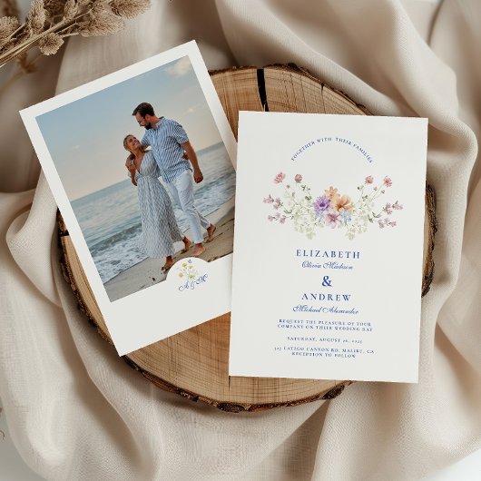 Invitation Photo Dusty Blue Crest Floral Wedding