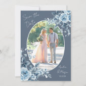 Invitation Photo Dusty Blue Script Floral Save the Date Card (Devant)