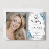 Invitation Photo Dusty Blue Silver 50e anniversaire (Devant)