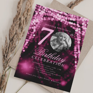 Invitation Photo élégant 70e anniversaire lumières rose vif g