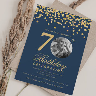 Invitation Photo élégant 70e anniversaire or marine Confetti