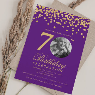 Invitation Photo élégant 70e anniversaire or violet confettis