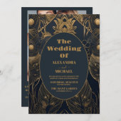 Invitation Photo Elegant Art Déco Peacocks Mariage (Devant / Derrière)