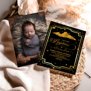 Invitation Photo Elegant Black Gold Celestial Baptême