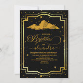 Invitation Photo Elegant Black Gold Celestial Baptême (Devant)