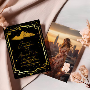 Invitation Photo Elegant Black Gold Celestial Graduation