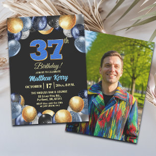Invitation Photo élégant bleu argent or 37e anniversaire