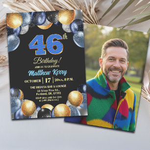 Invitation Photo élégant bleu argent or 46e anniversaire