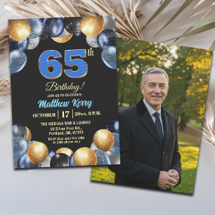 Invitation Photo élégant bleu argent or 65e anniversaire