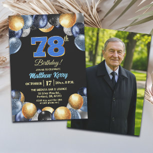 Invitation Photo élégant bleu argent or 78e anniversaire