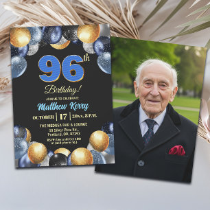 Invitation Photo élégant bleu argent or 96e anniversaire