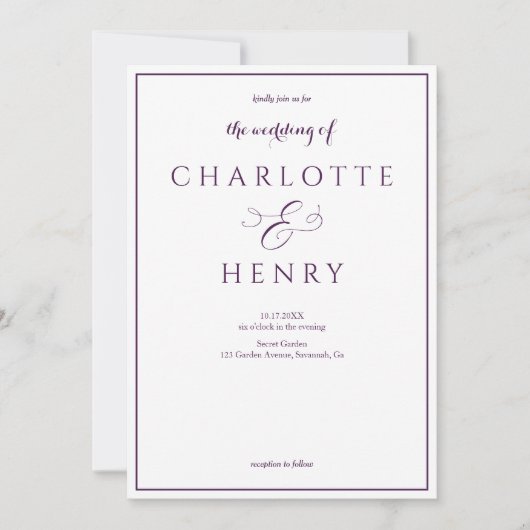 Invitation Photo Elegant Callighraphy Script Mariage violet (Devant)