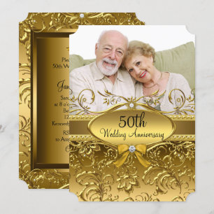 Invitation Photo élégant damas or 50e anniversaire