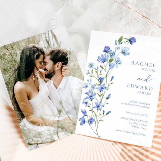 Invitation Photo Elegant Dusty Blue Floral Mariage