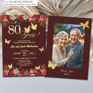 Invitation Photo élégant floral doré 80e anniversaire de mari