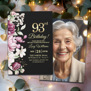 Invitation Photo élégant floral or 93 Anniversaire