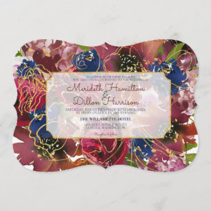 Invitation Photo Élégant Mariage Floral Bleu Bourgogne Or