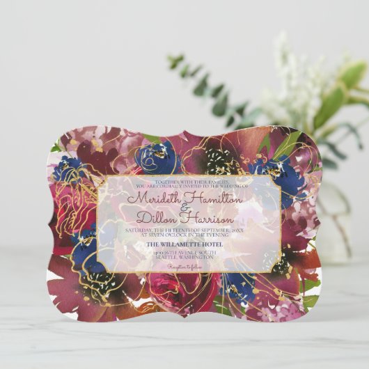 Invitation Photo Elegant Mariage Floral Bleu Burgundy (Debout devant)