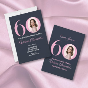 Invitation Photo élégant noir et rose pour 60e anniversaire