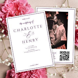 Invitation Photo Elegant Purple QR Code et Mariage RSVP