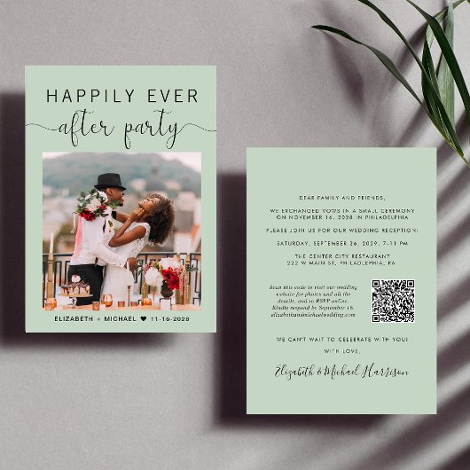 Invitation Photo élégante QR Code Sage Mariage Réception