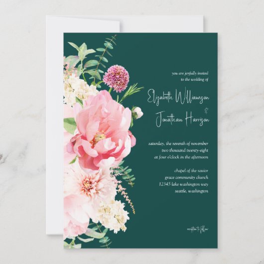 Invitation Photo Emerald Blush Dark Moody Script floral (Devant)