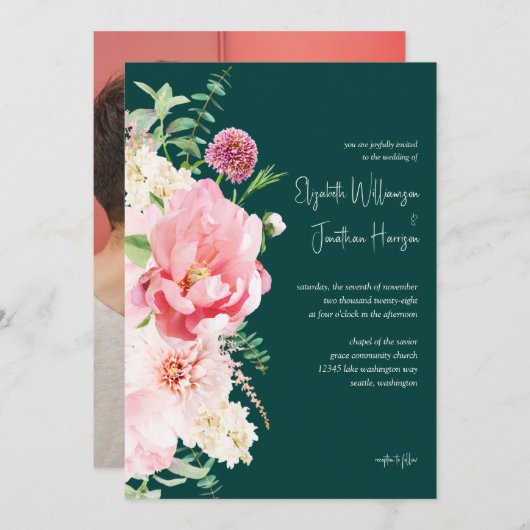 Invitation Photo Emerald Blush Dark Moody Script floral (Devant / Derrière)