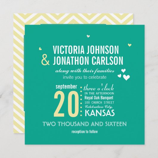 Invitation Photo Emerald Yellow Zig Zag Mariage de typographi (Devant / Derrière)