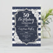 Invitation Photo en argent blanc bleu marine 50e anniversaire (Debout devant)