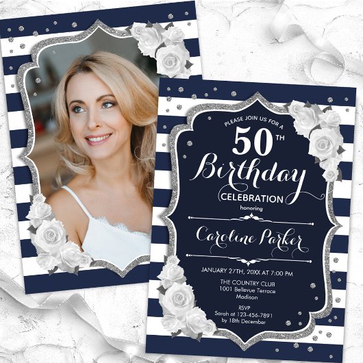 Invitation Photo en argent blanc bleu marine 50e anniversaire