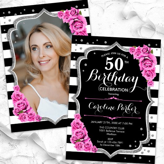 Invitation Photo en argent noir rose 50e anniversaire