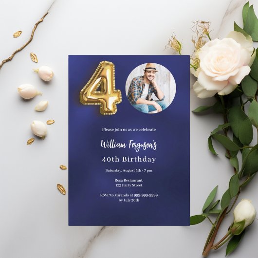 Invitation Photo en or bleu marine 40e anniversaire