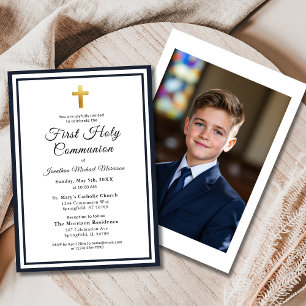 Invitation Photo en or bleu marine Première communion sainte