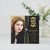 Invitation Photo en or noir Quinceanera (Debout devant)