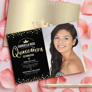 Invitation Photo en or noir Quinceañera Parties scintillant T