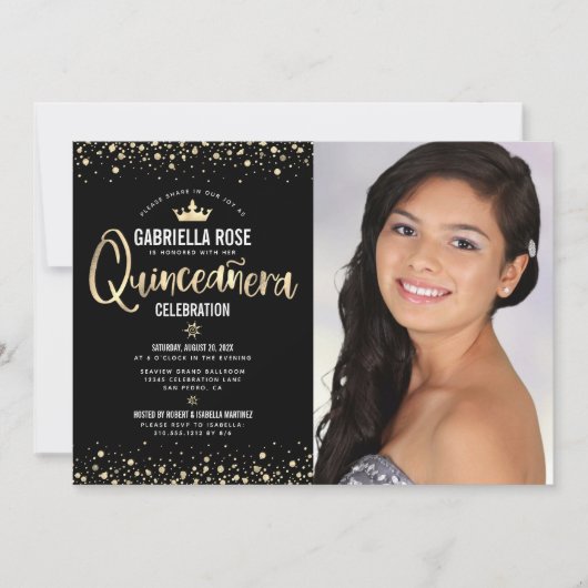 Invitation Photo en or noir Quinceañera Parties scintillant T (Devant)