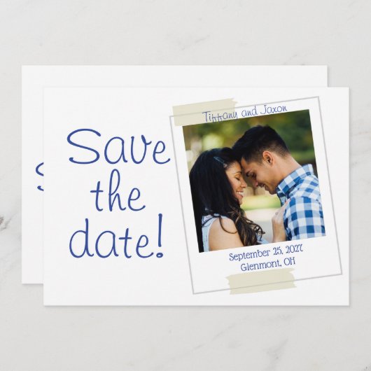 Invitation Photo Enregistrer la date en bleu et blanc (Devant / Derrière)