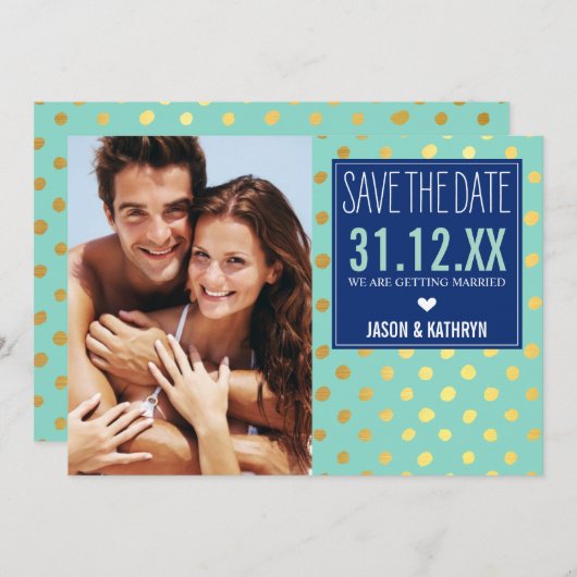 Invitation PHOTO ENREGISTRER LA DATE Pneuka en feuille d'or p (Devant / Derrière)