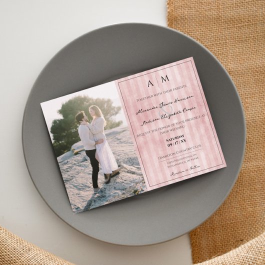 Invitation Photo et bandes Vintages | Mariage rose