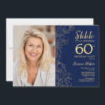 Invitation Photo étonnante or de la Marine 60e anniversaire<br><div class="desc">Floral marine et or surprise 60ème anniversaire invitation fête avec votre photo sur le devant de la carte. Design moderne élégant avec accents de dessin botanique et police de script de typographie. Carte invitation simple et tendance, parfaite pour une célébration anniversaire élégante. Peut être customisé à n'importe quel âge. Invitations...</div>