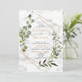 Invitation Photo Eucalyptus Géométrique en cuivre Marbre Élég (Debout devant)