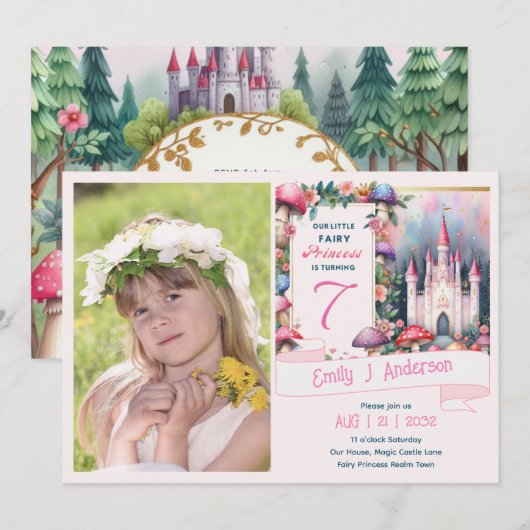 Invitation PHOTO Fairy Princess Anniversaire Party Pink Fairy (Devant / Derrière)