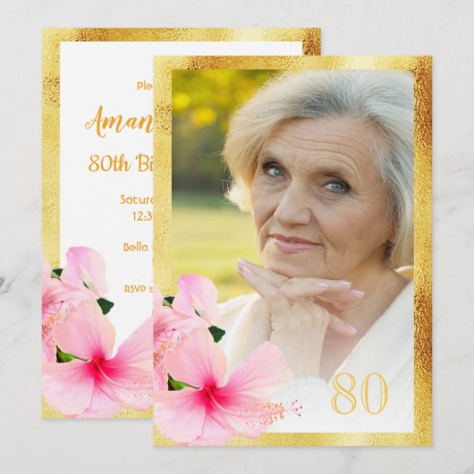 Invitation Photo fête 80e anniversaire tropical floral blanc (Devant / Derrière)