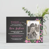 Invitation Photo Fête Anniversaire Rose Floral N'importe quel (Debout devant)