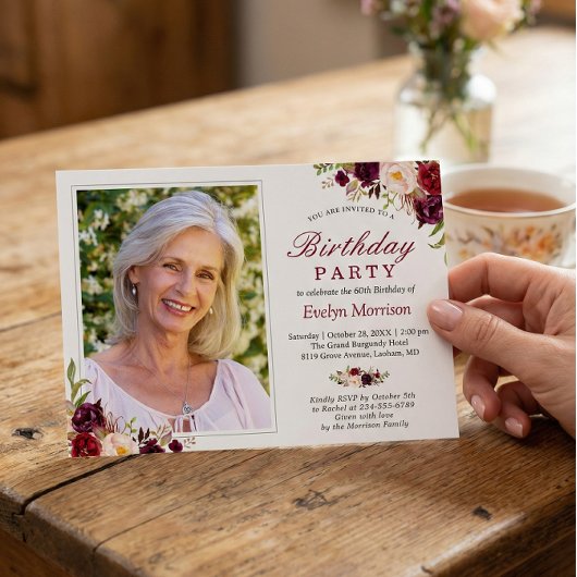 Invitation Photo fête d'anniversaire Bourgogne Rouge Blush Fl