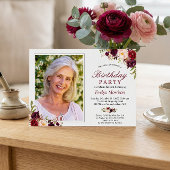 Invitation Photo fête d'anniversaire Bourgogne Rouge Blush Fl