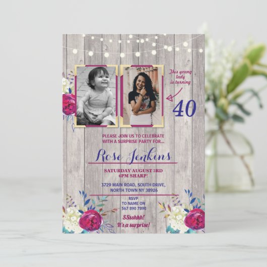 Invitation photo fête d'anniversaire floral violet (Debout devant)